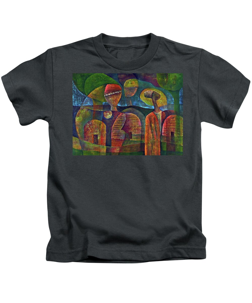 African Art Kids T-Shirt featuring the painting Travelers Then Came by Martin Tose 1959-2004