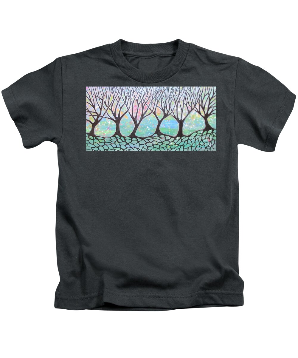 Tree Trees Abstract Landscape Green Lobby Mask Towel Decor Decrotive Woods Nature Pattern Kids T-Shirt featuring the painting Tree Stand by Bradley Boug
