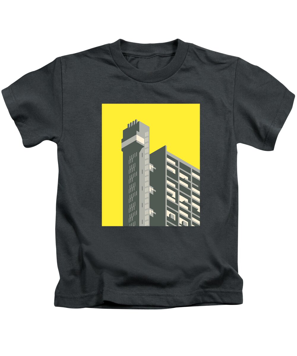 Trellick Kids T-Shirt featuring the digital art Trellick Tower London Brutalist Architecture - Yellow by Organic Synthesis