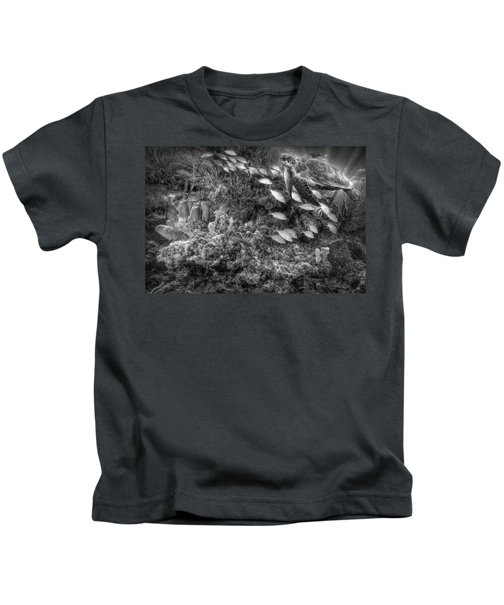 Cove Kids T-Shirt featuring the photograph Turtle on the Underwater Reef Black and White by Debra and Dave Vanderlaan