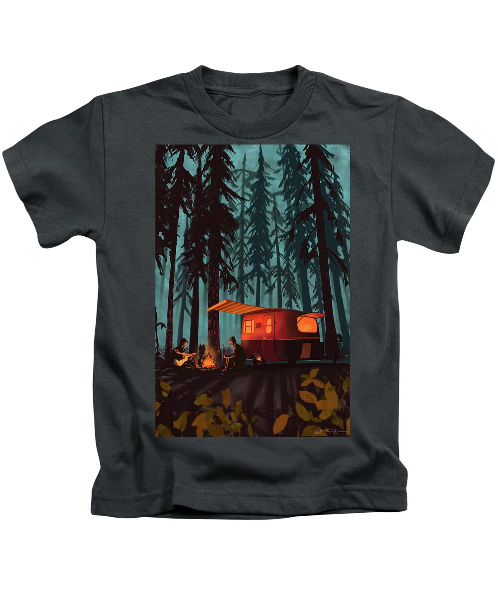 Camper In The Woods Kids T-Shirt featuring the painting Twilight Camping by Sassan Filsoof