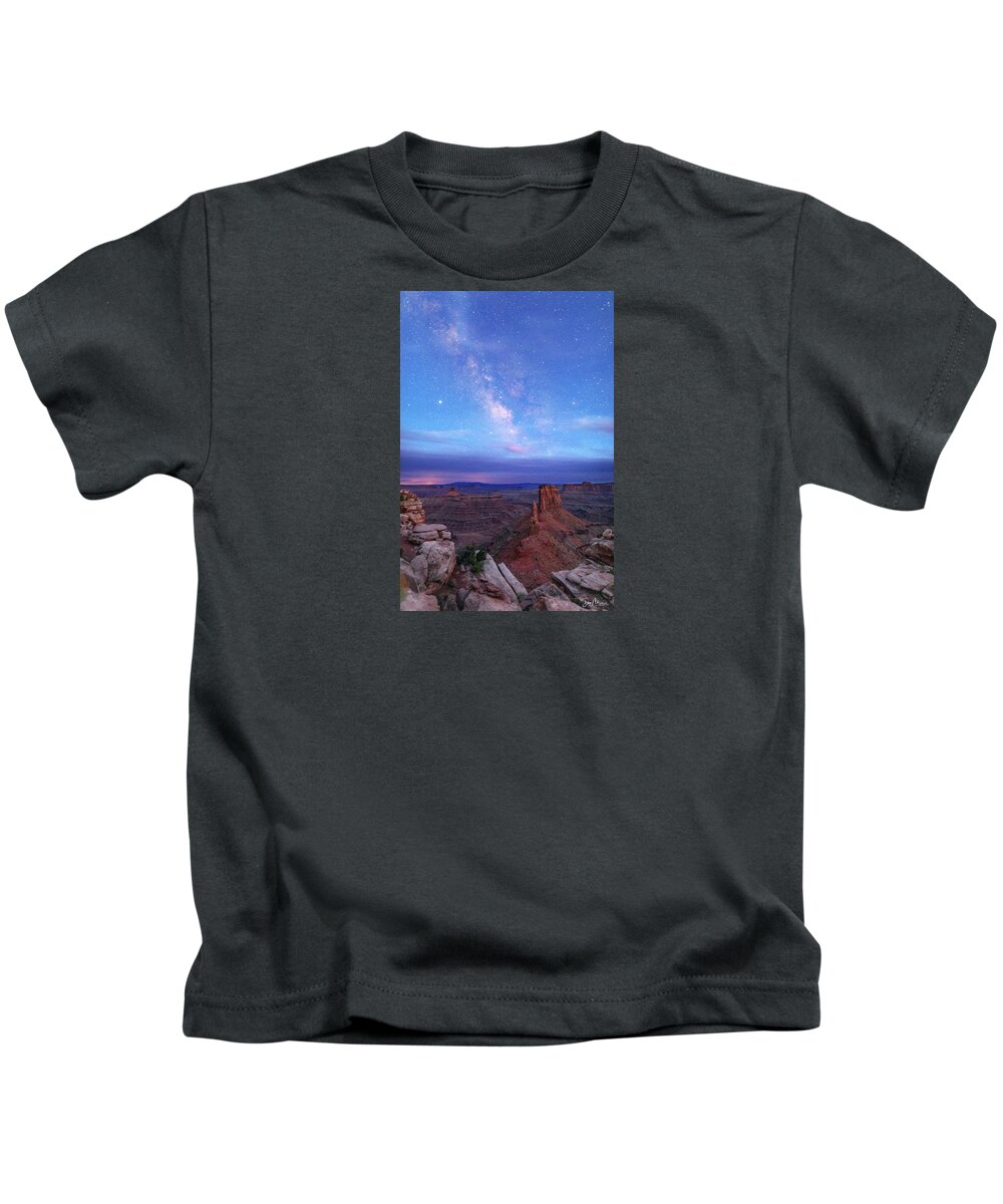 Canyonlands Southwest Desert Colorado Plateau Moab Utah Sunset Blm Kids T-Shirt featuring the photograph Twilight Milky Way at Marlboro Point by Dan Norris