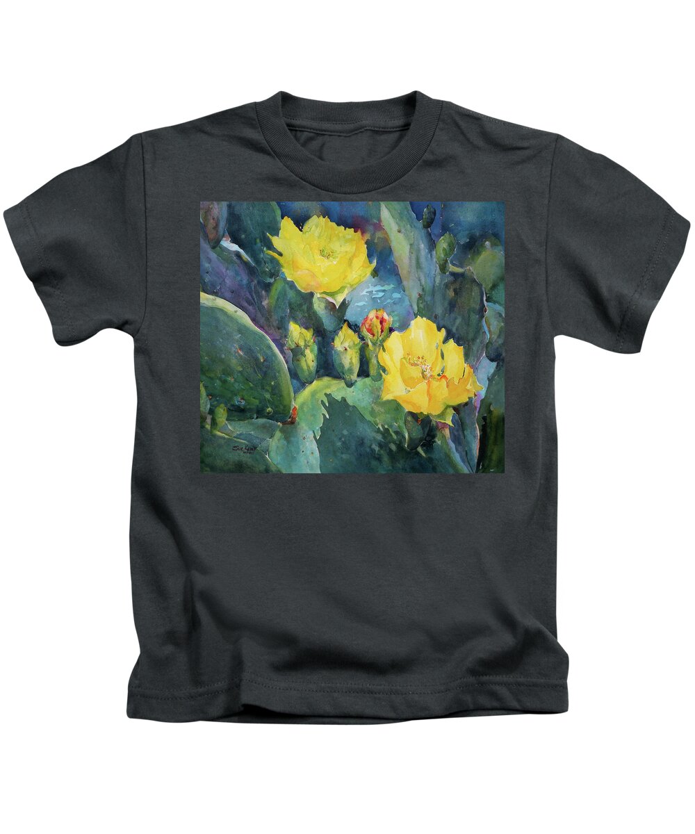 Cactus Kids T-Shirt featuring the painting Cactus Blossoms at Twilight by Sue Kemp