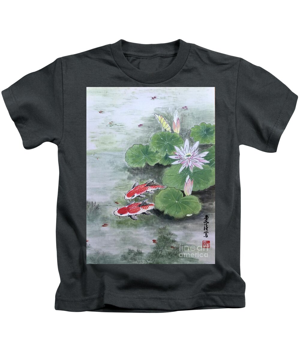 Koi Fish Kids T-Shirt featuring the painting Fishes Joy - 2 by Carmen Lam