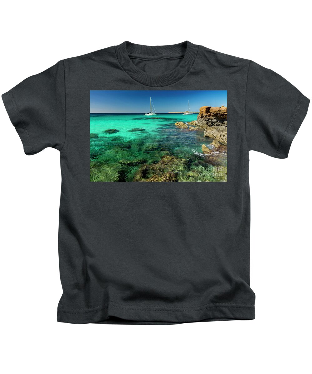 Beach Kids T-Shirt featuring the photograph Two sailboats and rocky coast by Vicente Sargues