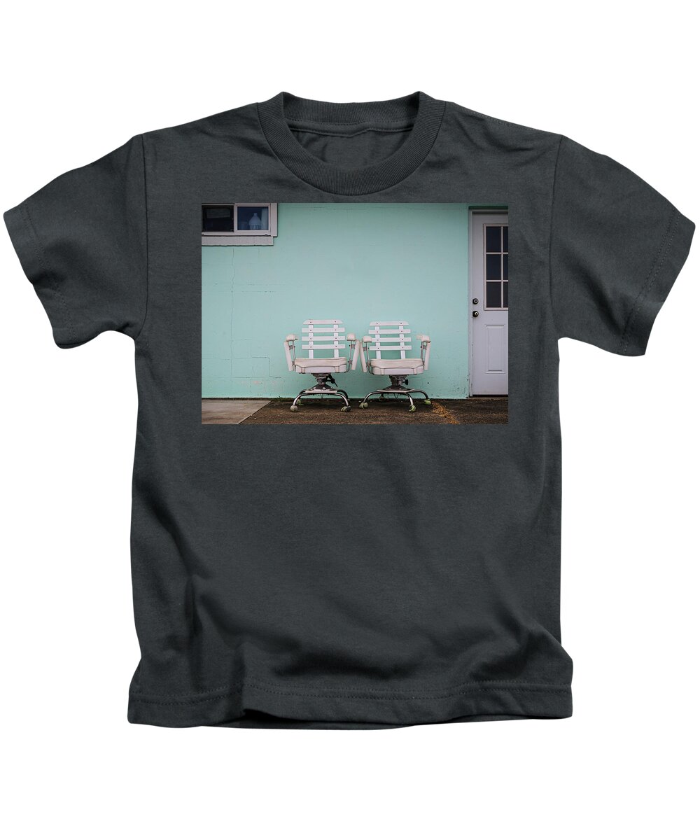 Fishing Kids T-Shirt featuring the photograph Two White Chairs by Steve Stanger