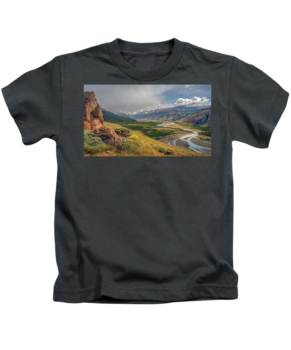 Andes Kids T-Shirt featuring the photograph Valley of the rio de las vueltas El Chalten by Henri Leduc