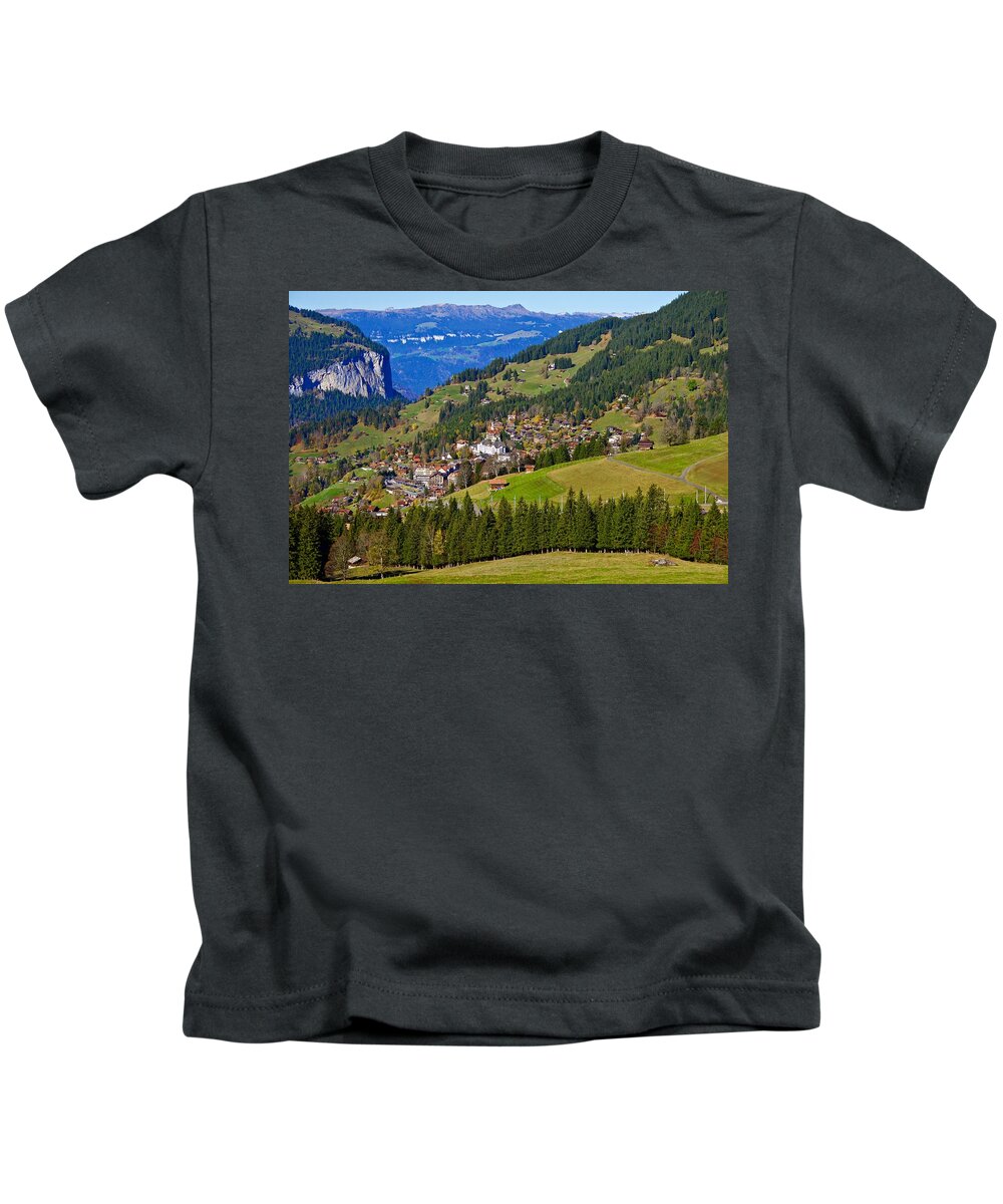Landscapes Kids T-Shirt featuring the photograph View of Wengen From Trail by Amelia Racca