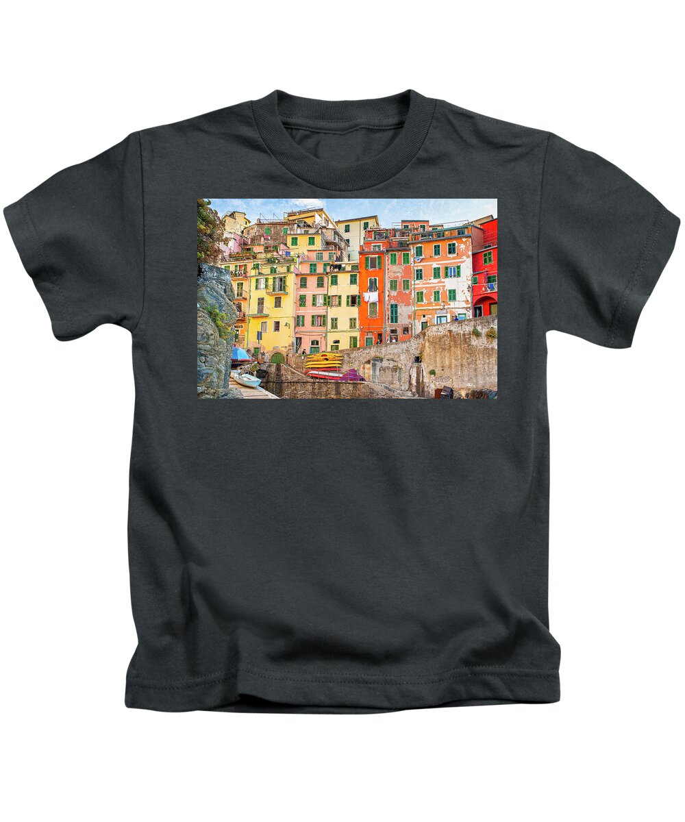 Cinque Terre Kids T-Shirt featuring the photograph Village of Riomaggiore by Marla Brown