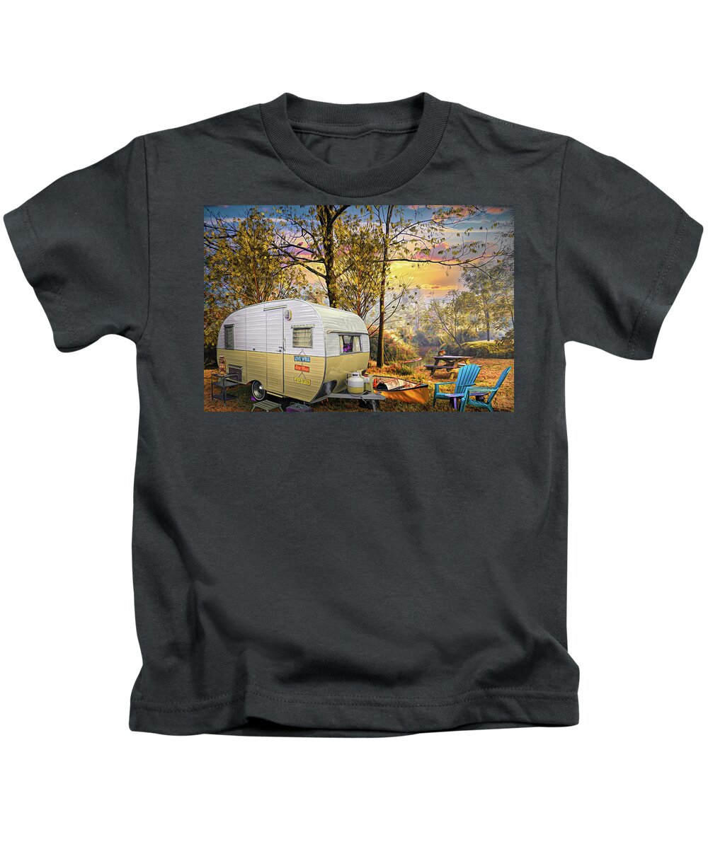 Camper Kids T-Shirt featuring the photograph Vintage Camping at the Creek Painting by Debra and Dave Vanderlaan