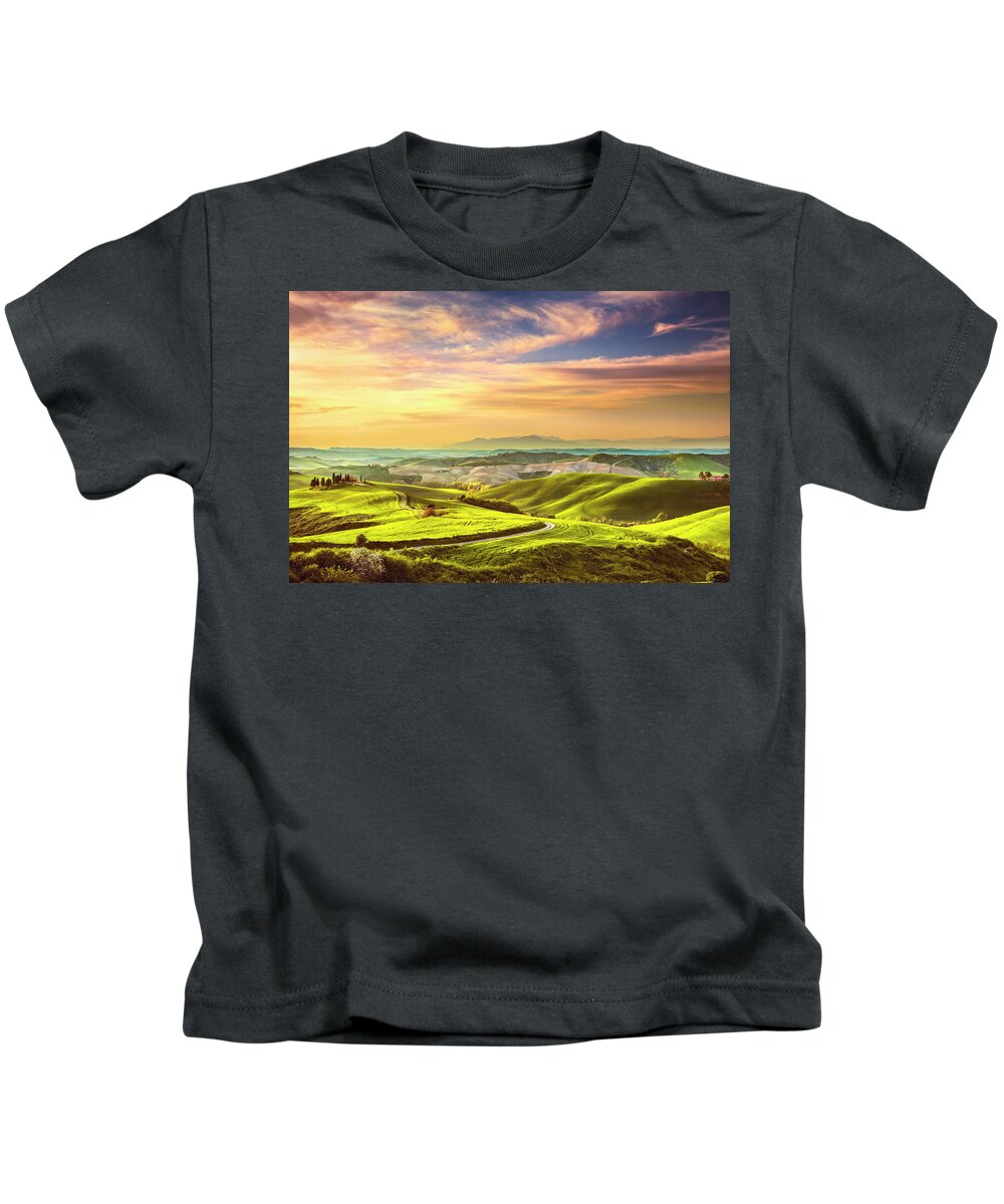 Tuscany Kids T-Shirt featuring the photograph Volterra Colorful Winter Sunset by Stefano Orazzini