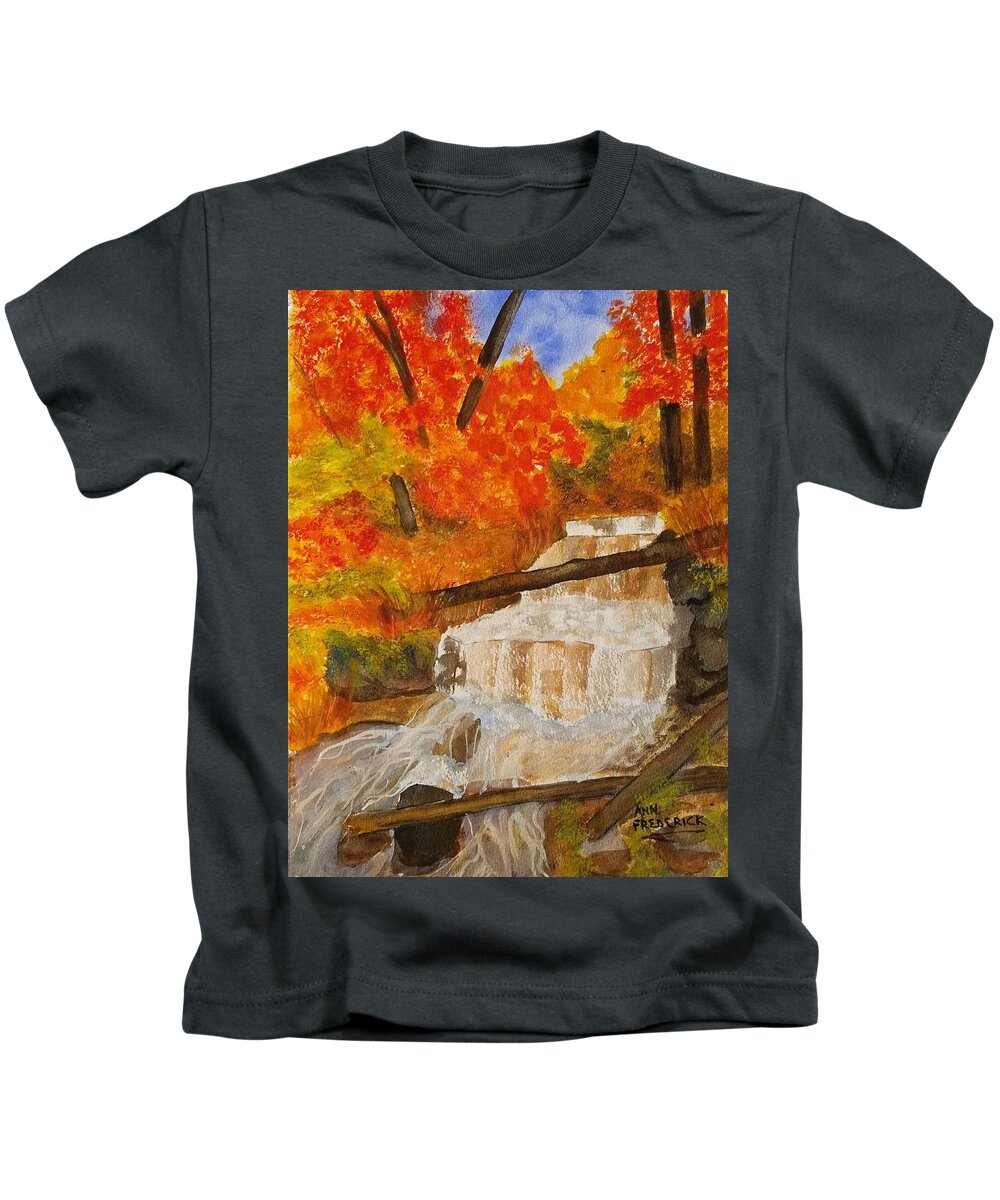 Wagner Falls Kids T-Shirt featuring the painting Wagner Falls II by Ann Frederick