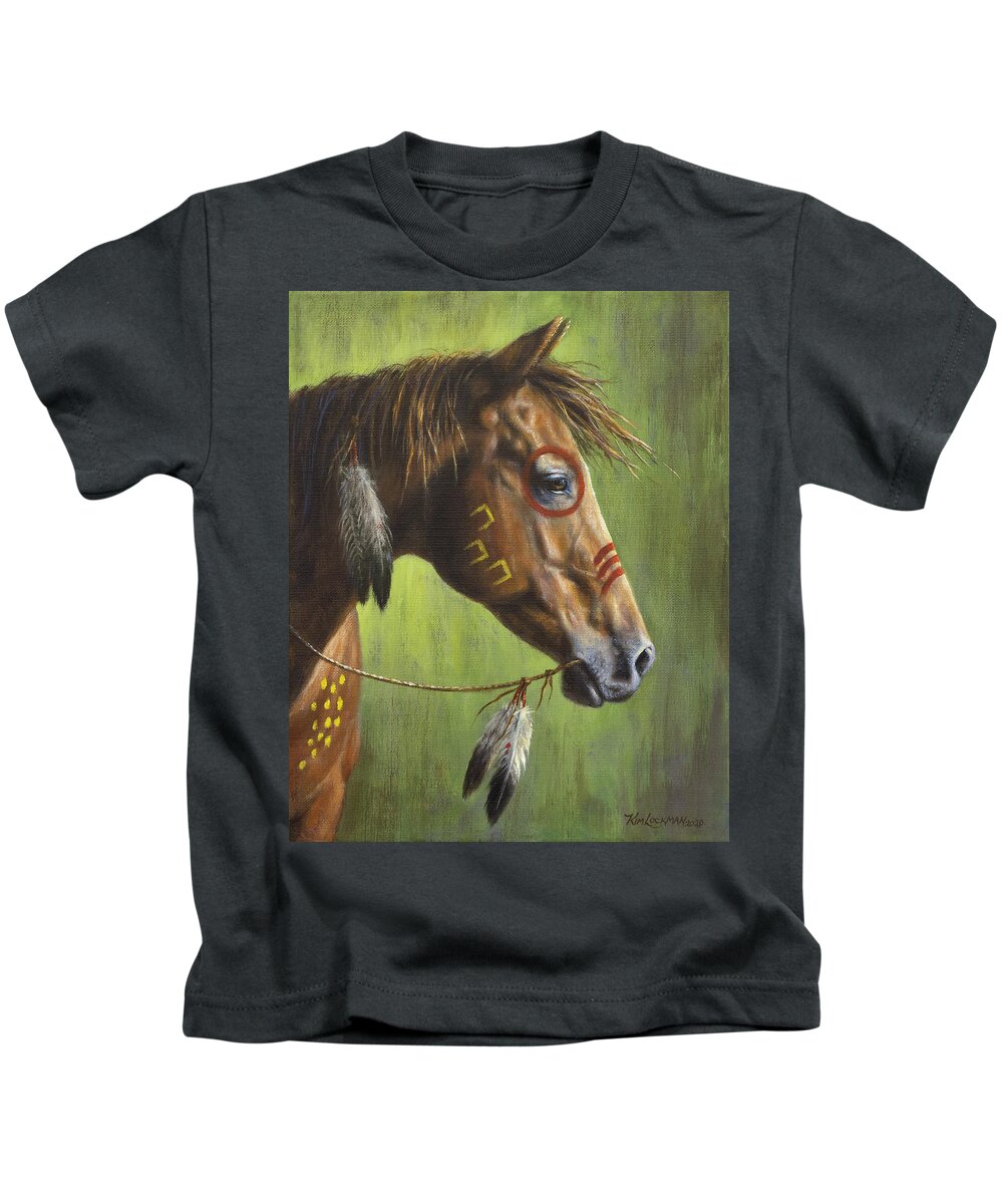 Horse Kids T-Shirt featuring the painting War Pony by Kim Lockman