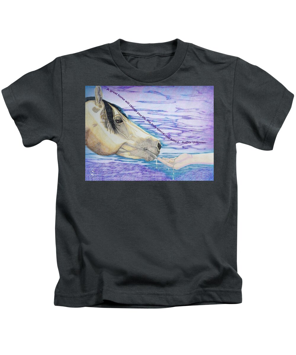 Horse Quote Kids T-Shirt featuring the drawing Water for My Friend with Quote by Equus Artisan