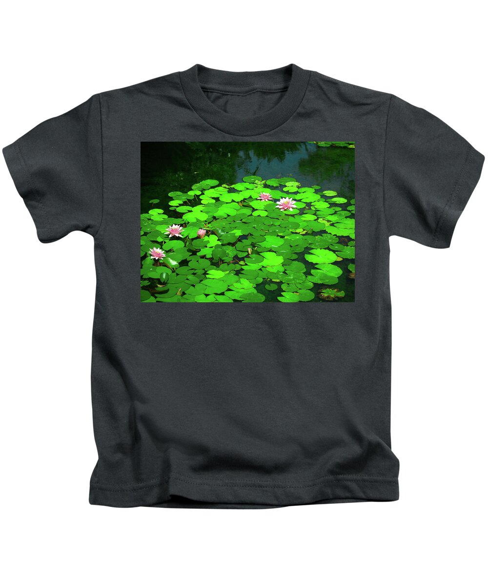 Water Flower Pond Nature Lotus Lily Plant Lake Leaf Waterlily Bloom Beauty Garden Summer Pink Reflection Flowers Leaves Flora Lilly Aquatic Spring Blossom Beautiful White Kids T-Shirt featuring the photograph Water Lily pond by Grey Coopre