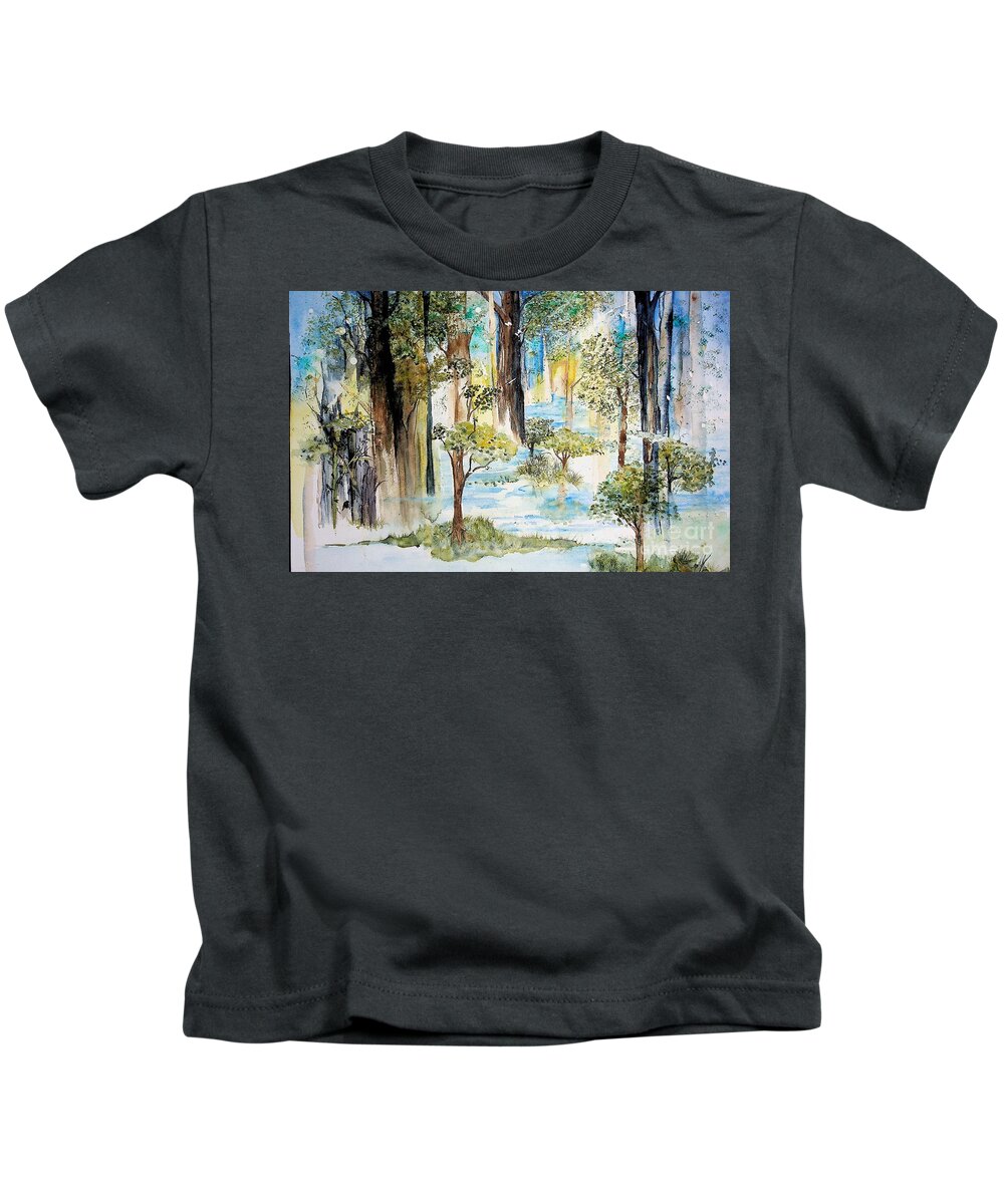 Landscape Kids T-Shirt featuring the painting Watercolor Fantasy Landscape 2 greens and blues by Valerie Shaffer