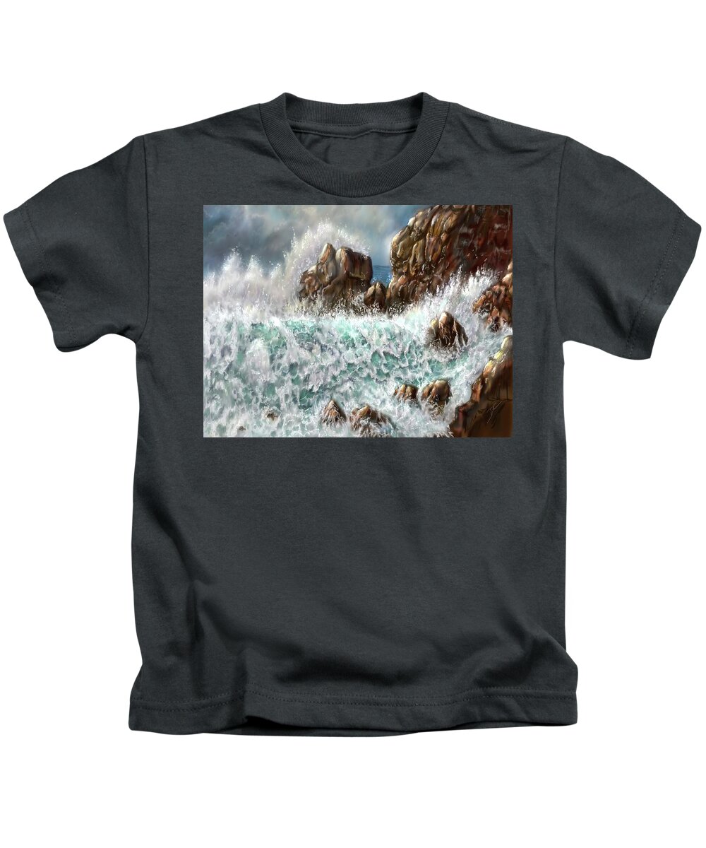 Wave Kids T-Shirt featuring the digital art Waves and Rocks by Darren Cannell