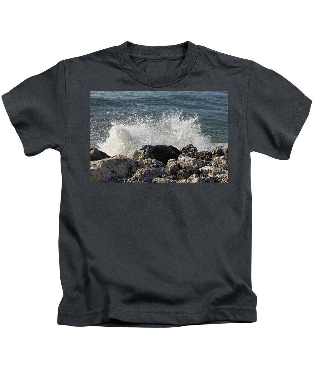 Torremolinos Spain Kids T-Shirt featuring the photograph Waves crashing against rocks Torremolinos 2019 by Pics By Tony