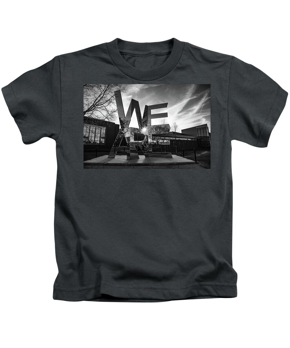 State College Pennsylvania Kids T-Shirt featuring the photograph We Are sculpture at Penn State University in black and white by Eldon McGraw