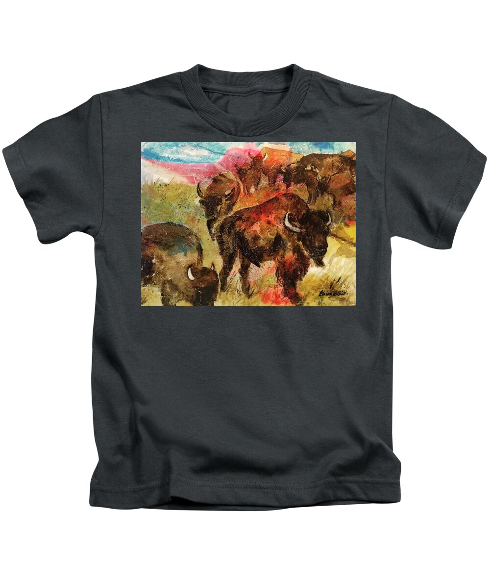 Buffalo Kids T-Shirt featuring the painting Where Buffalo Roam by Elaine Elliott