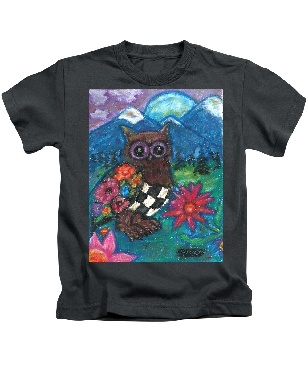 Owl Kids T-Shirt featuring the painting Whimsical Owl in Mountain Landscape by Monica Resinger
