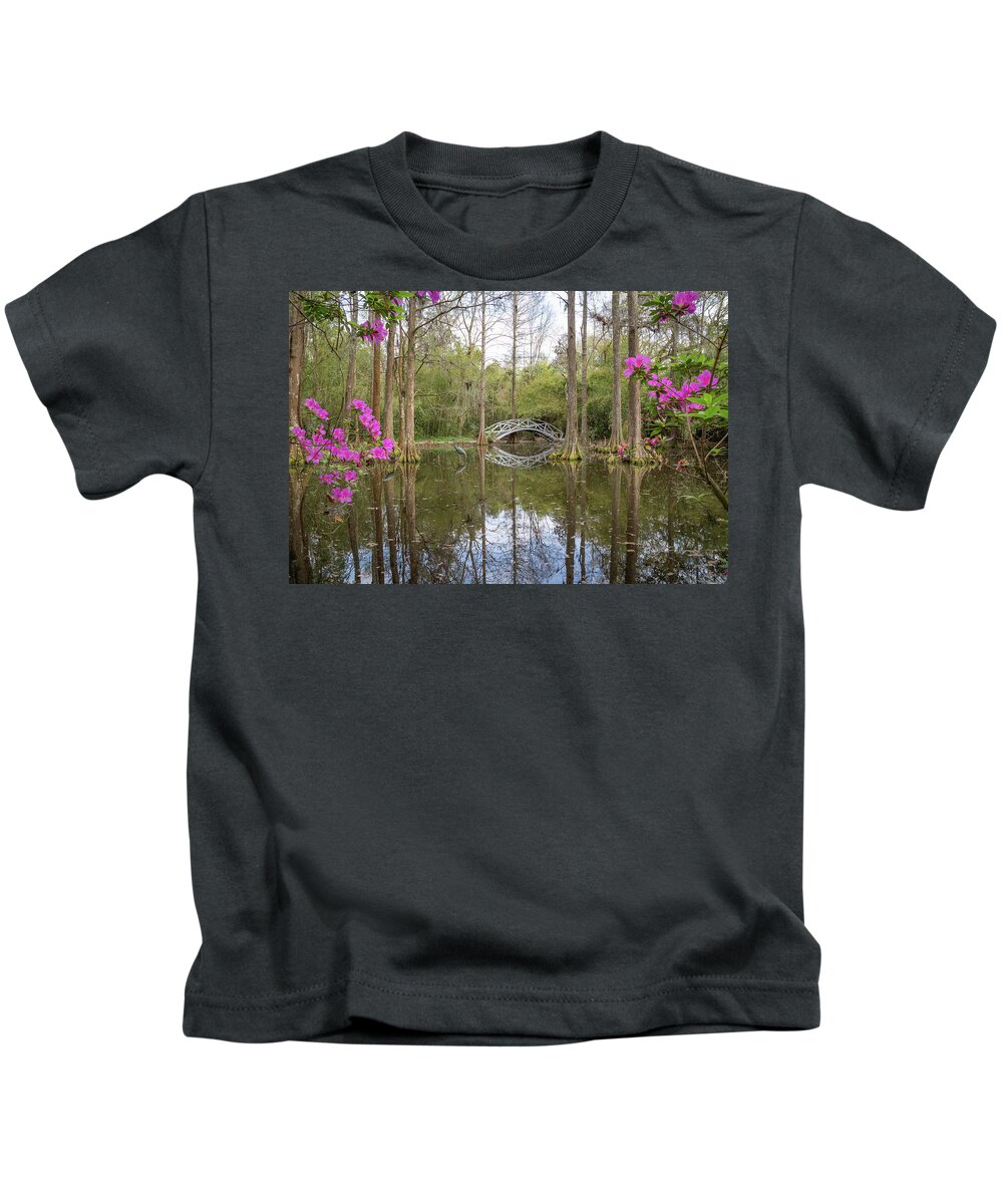 Bridge Kids T-Shirt featuring the photograph White Bridge Framed by Spring Blooms by Cindy Robinson