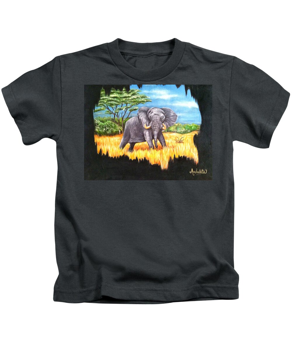 Elephant In It's Habitat Being Watched From A Distance Kids T-Shirt featuring the painting Who's Watching Who? by Ruben Archuleta - Art Gallery