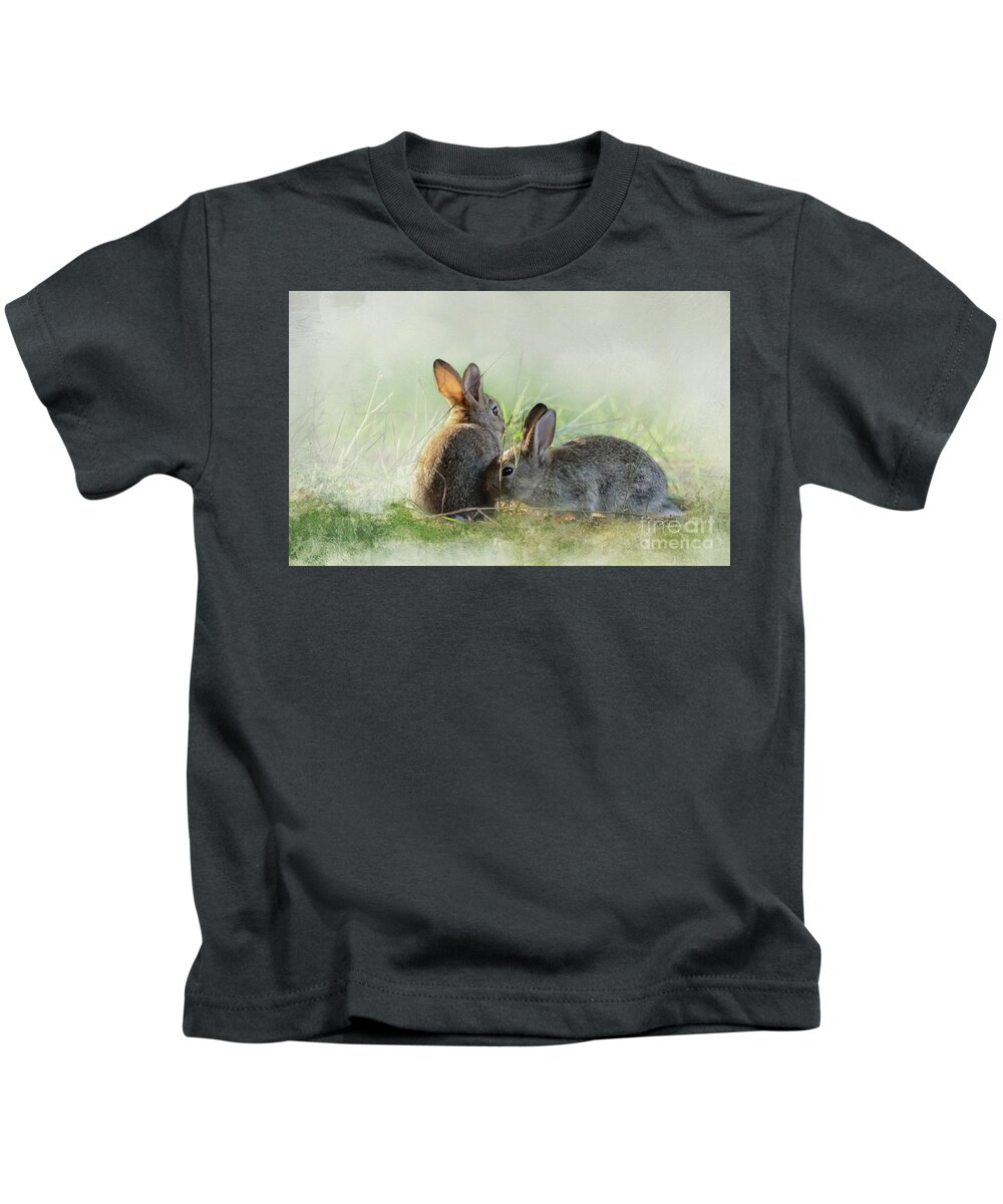 European Rabbit Kids T-Shirt featuring the photograph Wild Bunnies at Sunrise by Eva Lechner