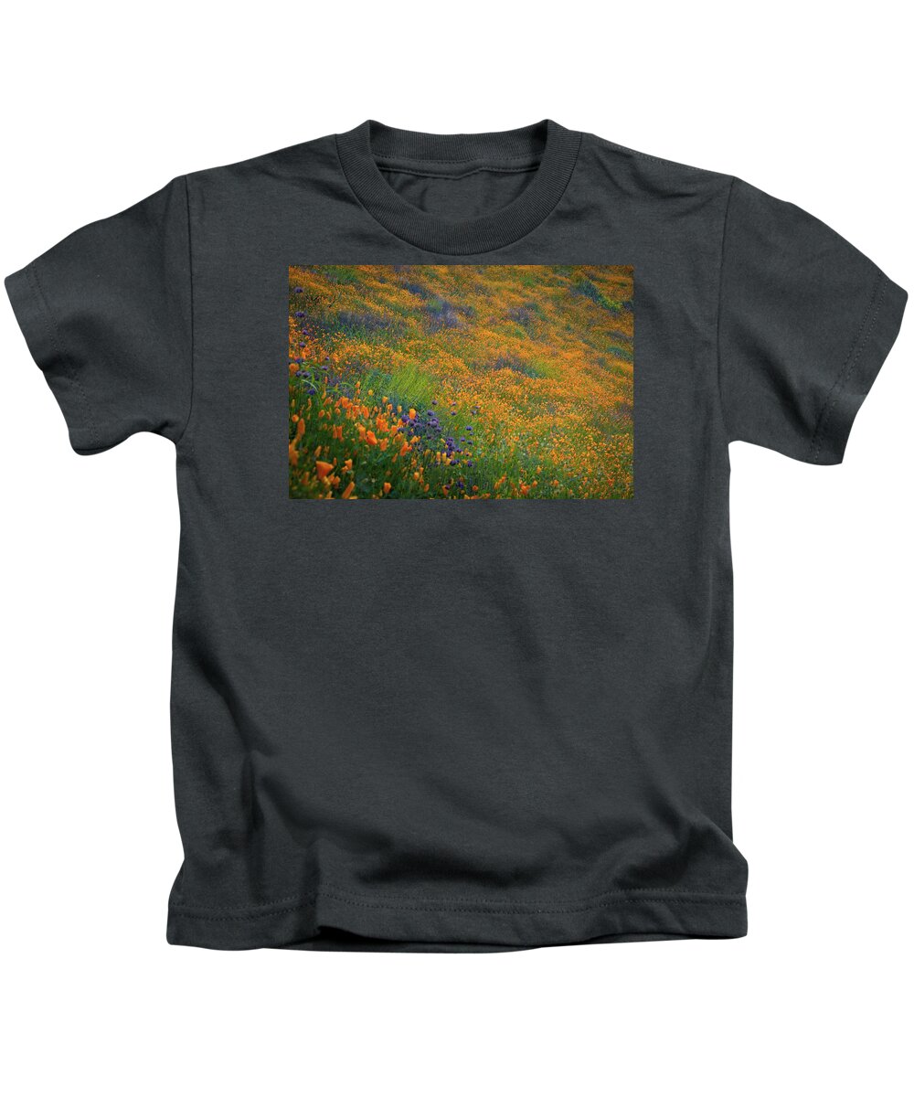 Callfornia Poppy Kids T-Shirt featuring the photograph Wildflower Super Bloom at Sunrise in Walker Canyon by Rebecca Herranen