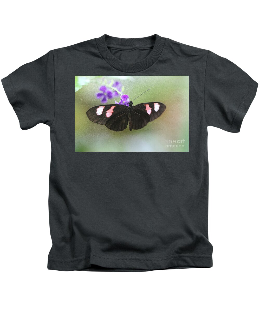 Butterfly; Black Butterfly; Black; Green; Leaves; Purple Flowers; Flowers; Wings; Purple; Red Kids T-Shirt featuring the photograph Wingspan by Tina Uihlein