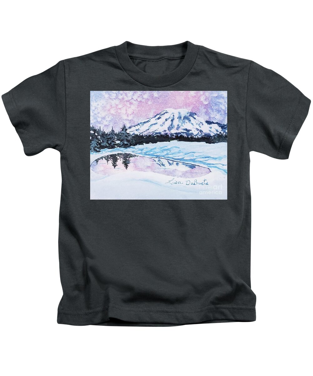 Mt Rainier Kids T-Shirt featuring the painting Mt. Rainier Winter Reflections by Lisa Debaets