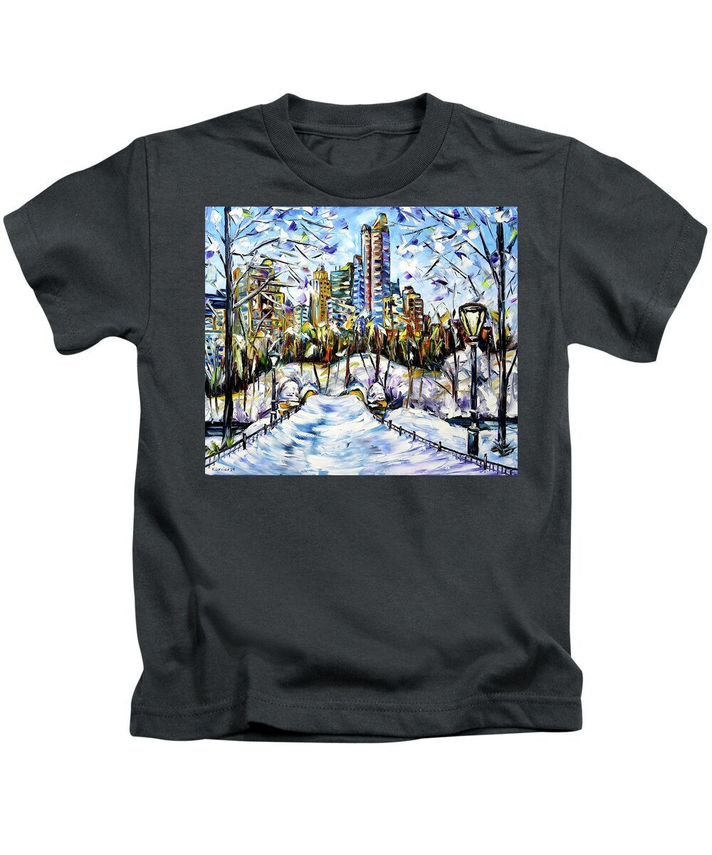 New York In Winter Kids T-Shirt featuring the painting Winter Time In New York by Mirek Kuzniar