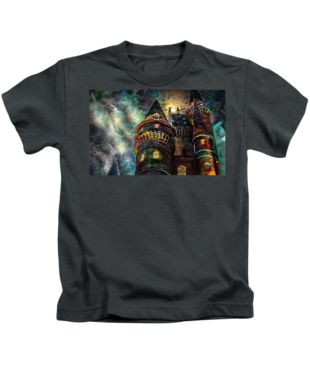 Castle Kids T-Shirt featuring the mixed media Witchy Castle by Debra Kewley