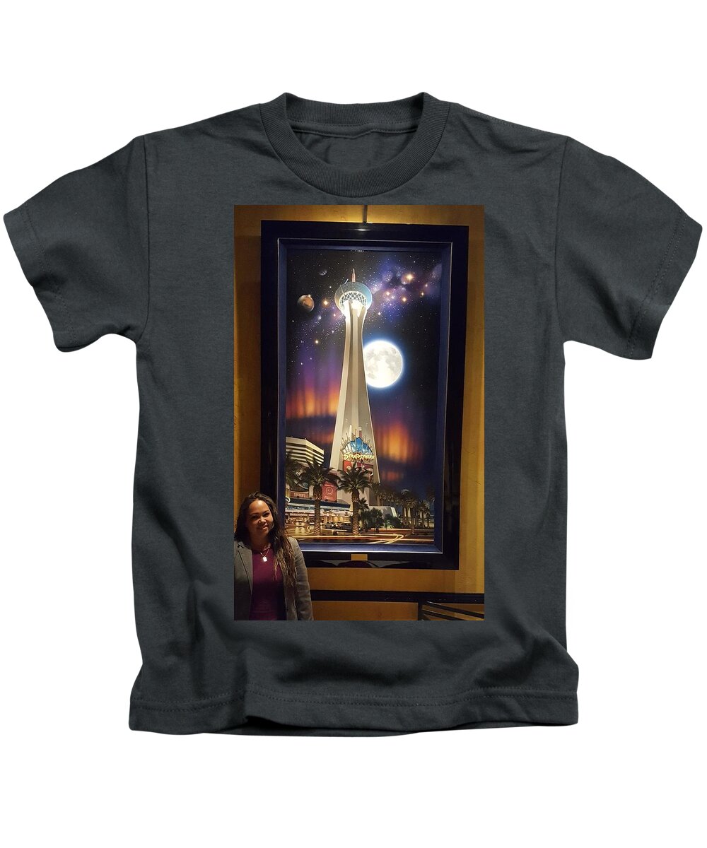 Las Vegas Stratosphere Tower The Strip Kenny Youngblood Kids T-Shirt featuring the painting Wonders of the Universe by Kenny Youngblood