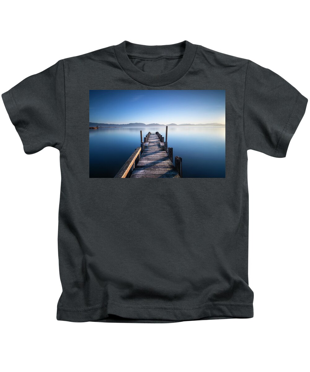 Lake Kids T-Shirt featuring the photograph Pier in a Blue Lake by Stefano Orazzini