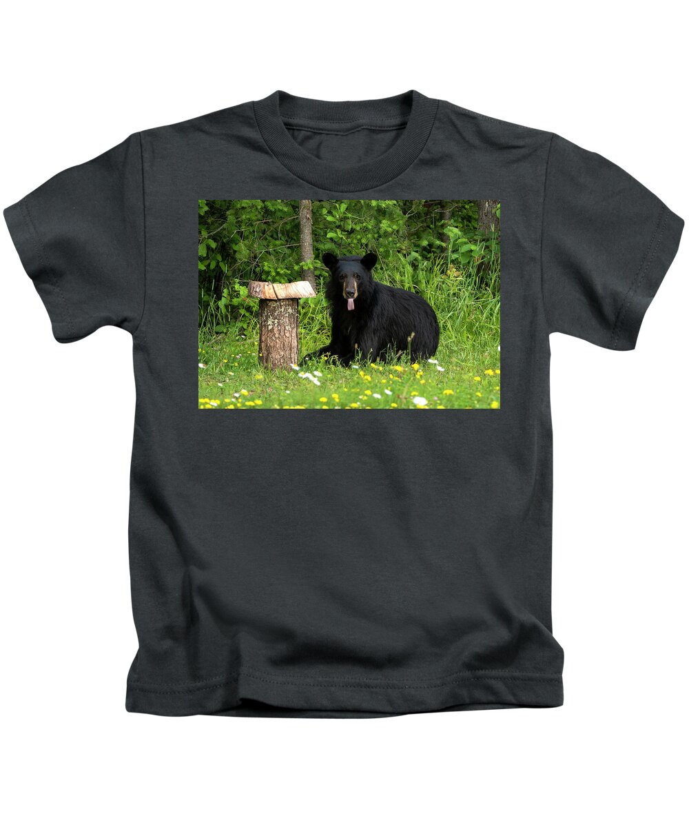 Sightings Kids T-Shirt featuring the photograph Yearling Cub Black Bear Laying Down by Sandra J's