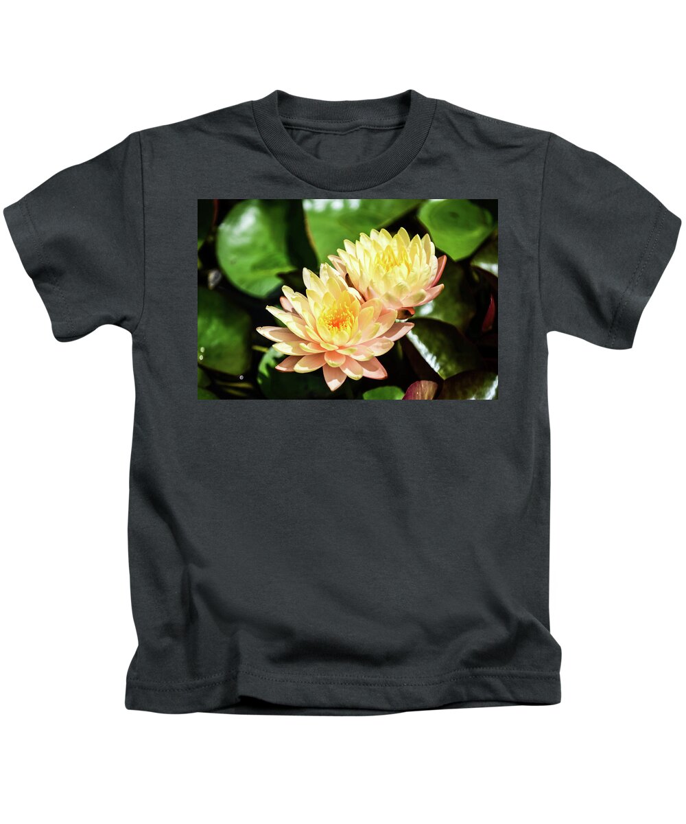 Yellow Water Lilies Sprout From The Pond And Green Vegetation Around Them Plants Water Flowers Pedals Sun Sunshine Light Kids T-Shirt featuring the photograph Yellow Water Lilies by Ed Stokes