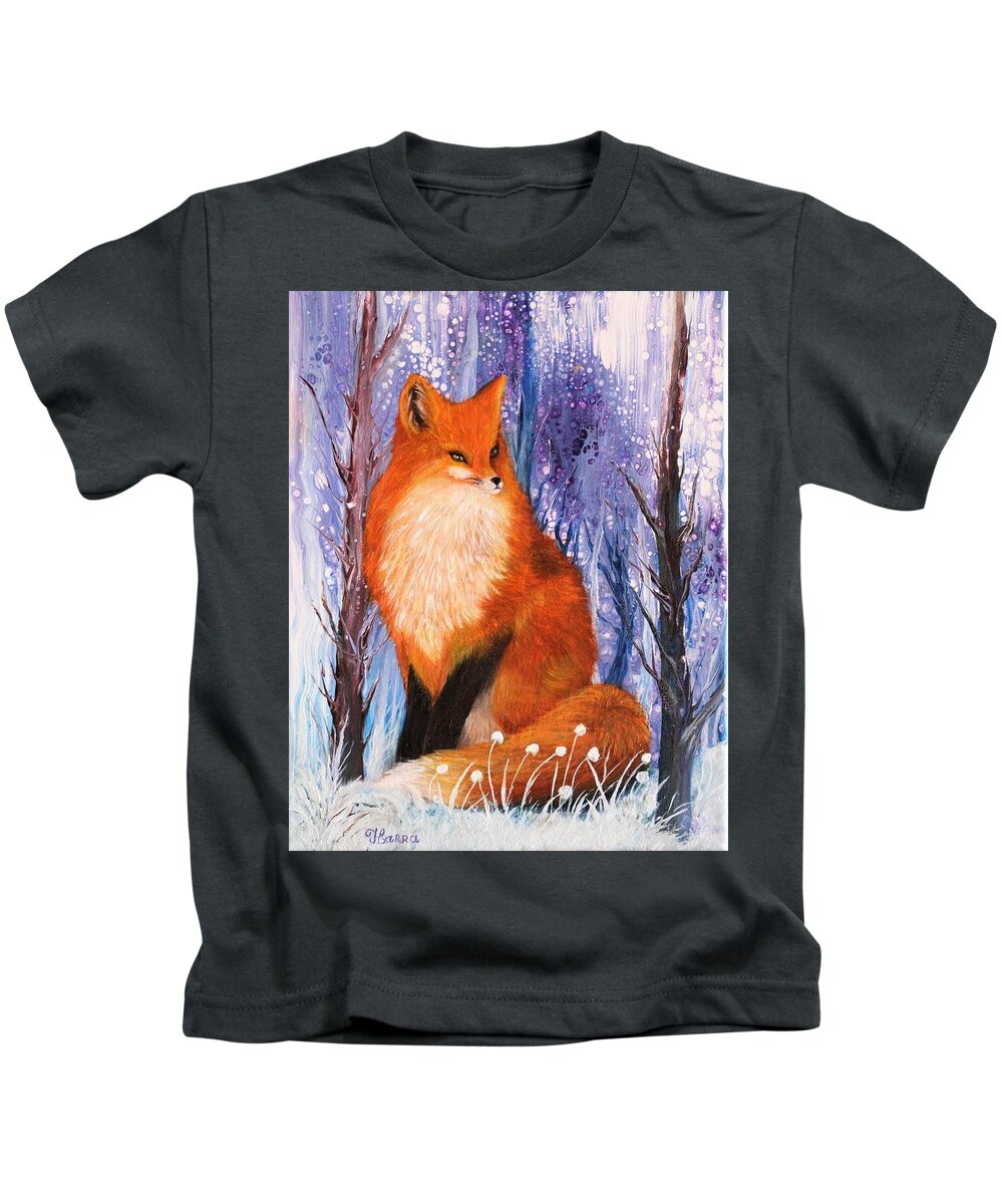 Wall Art Home Decor Fox Red Fox Animals Wild Animals Acrylic Painting Abstract Painting Pouring Art Mix Media Young Fox Winter Forest Oil Painting Kids T-Shirt featuring the painting Young Fox by Tanya Harr
