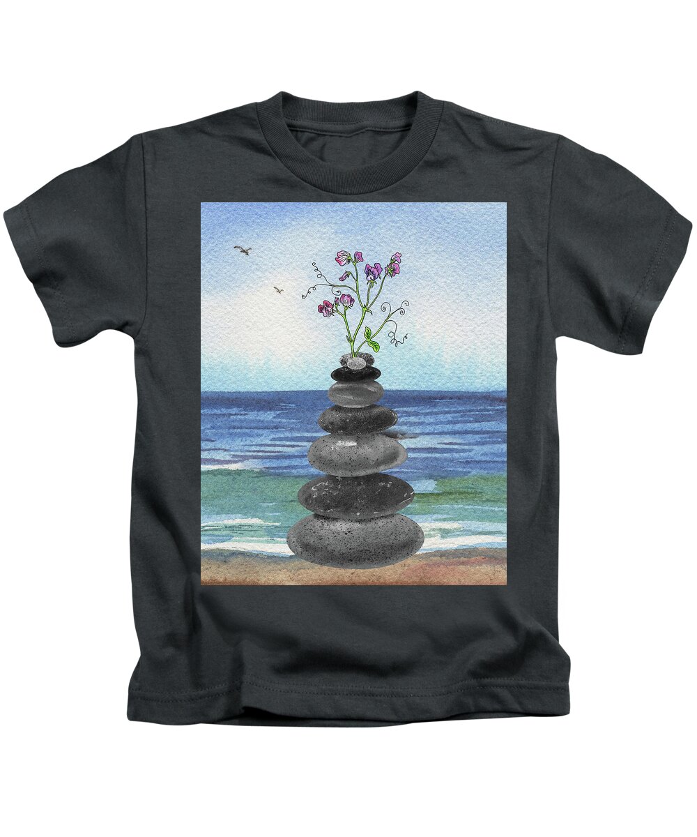 Cairn Rocks Kids T-Shirt featuring the painting Zen Rocks Cairn Meditative Tower With Sweet Pea Flower Watercolor by Irina Sztukowski