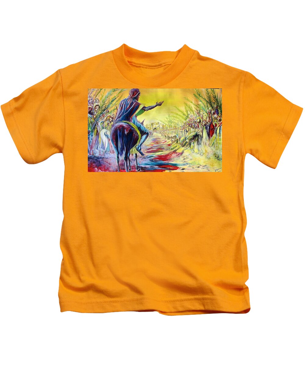 Evans Yegon Kids T-Shirt featuring the painting Palm Sunday #1 by Evans Yegon