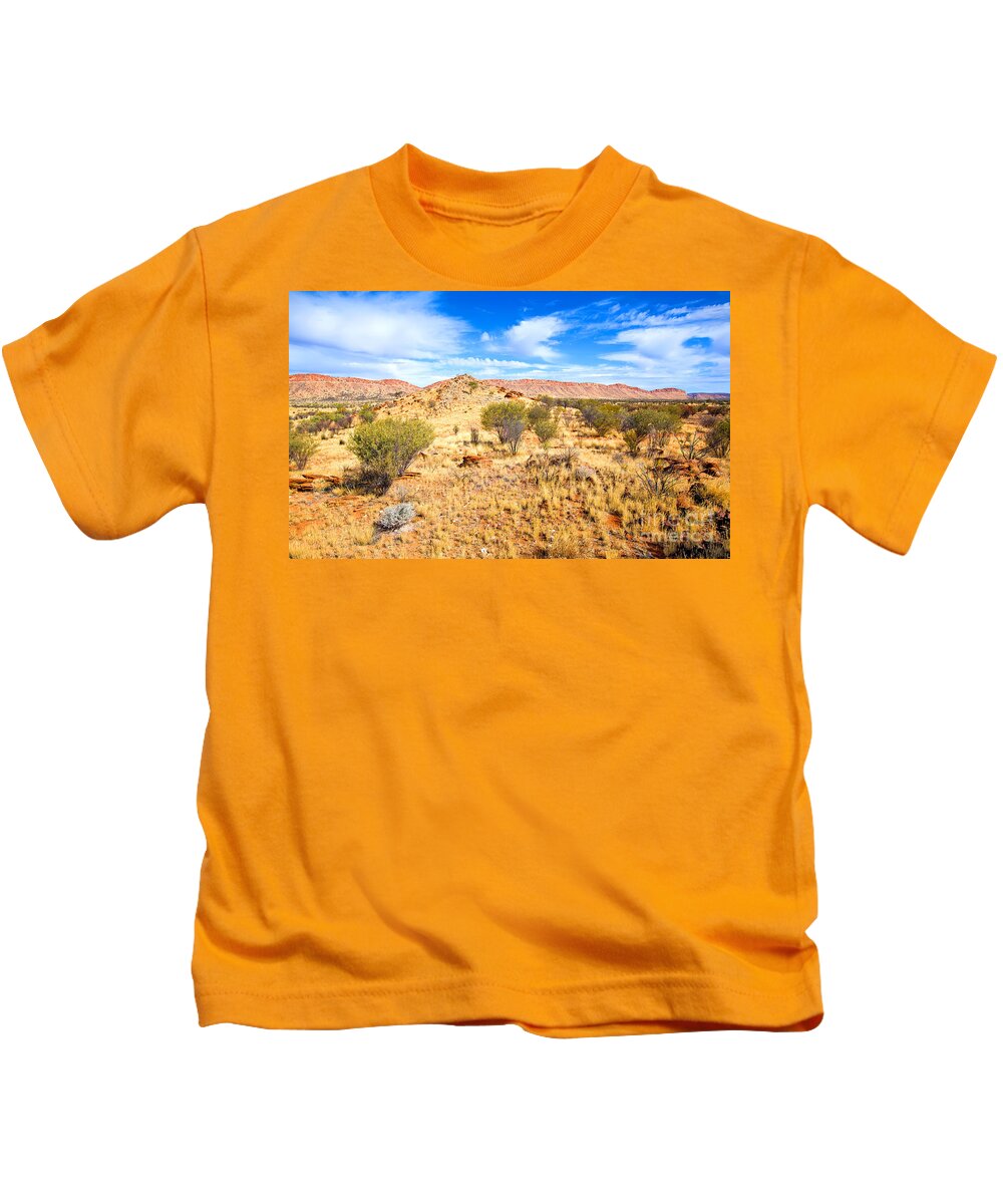 Central Australia Landscape Outback Water Hole West Mcdonnell Ranges Northern Territory Australian Landscapes Ghost Gum Trees Larapinta Drive Kids T-Shirt featuring the photograph West McDonnell Ranges Larapinta Drive by Bill Robinson