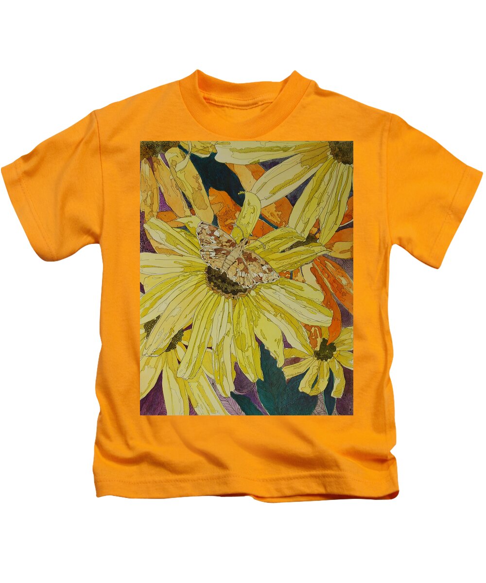 Blackeyed Susan Kids T-Shirt featuring the mixed media Blackeyed Susans and Butterfly by Terry Holliday