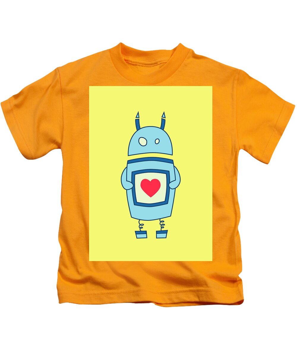 Bright Kids T-Shirt featuring the digital art Cute Clumsy Robot With Heart by Boriana Giormova