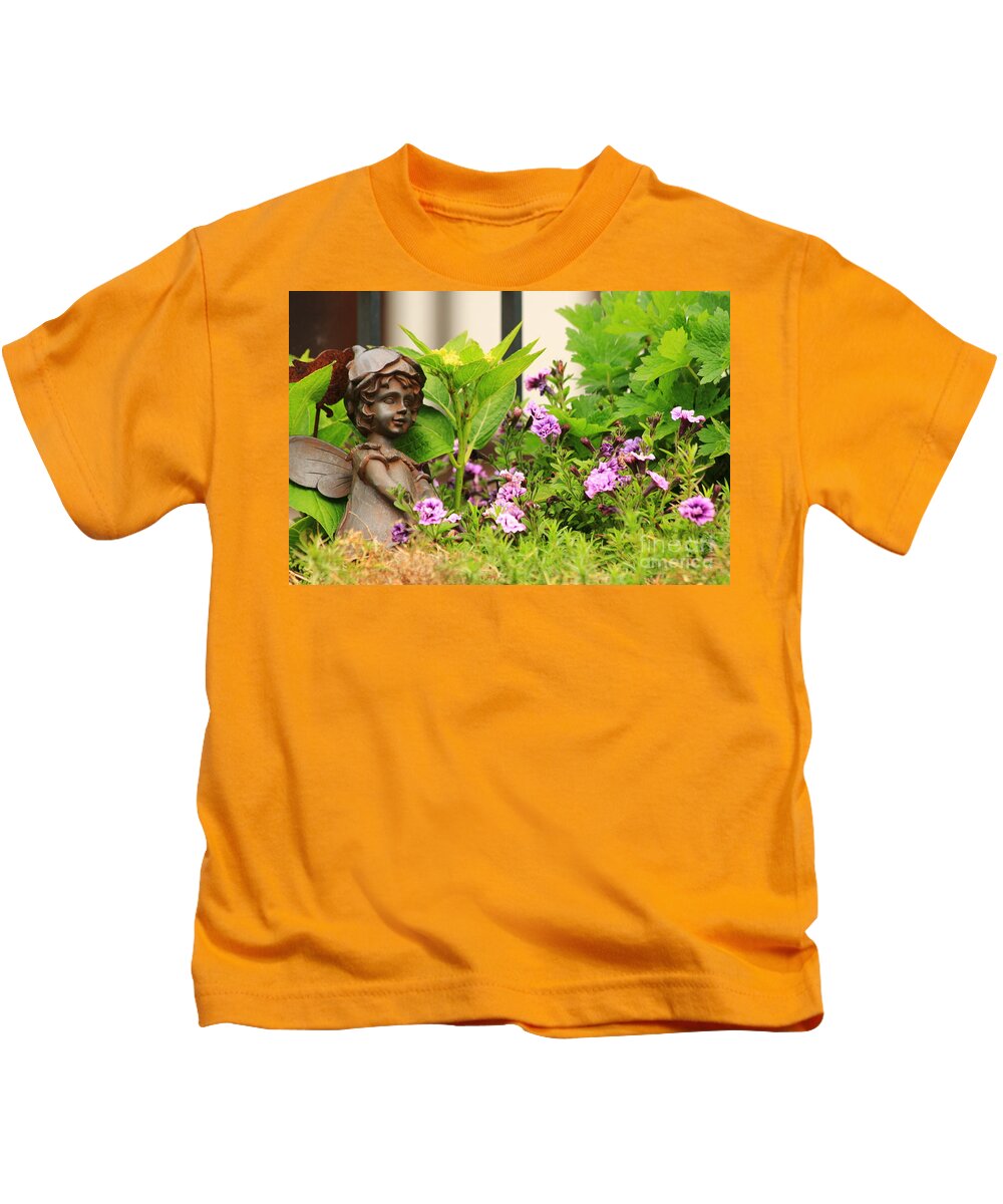 Angel Kids T-Shirt featuring the photograph Flower-bed mit an angel statue by Amanda Mohler