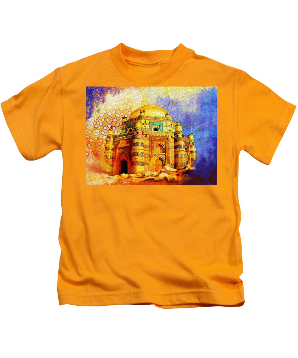Pakistan Kids T-Shirt featuring the painting Mai Jwandi Tomb on Makli Hill by Catf