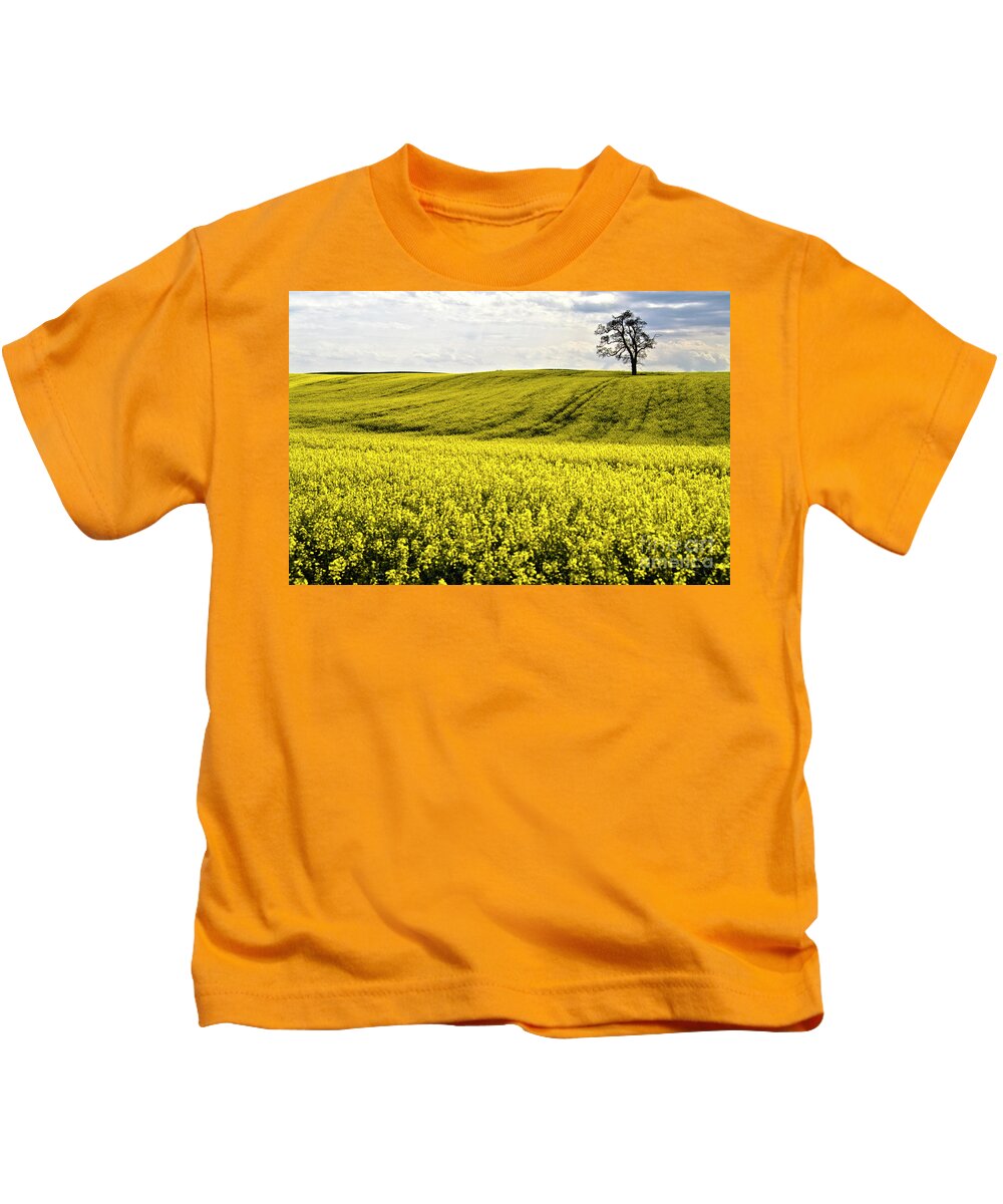 Heiko Kids T-Shirt featuring the photograph Rape landscape with lonely tree by Heiko Koehrer-Wagner