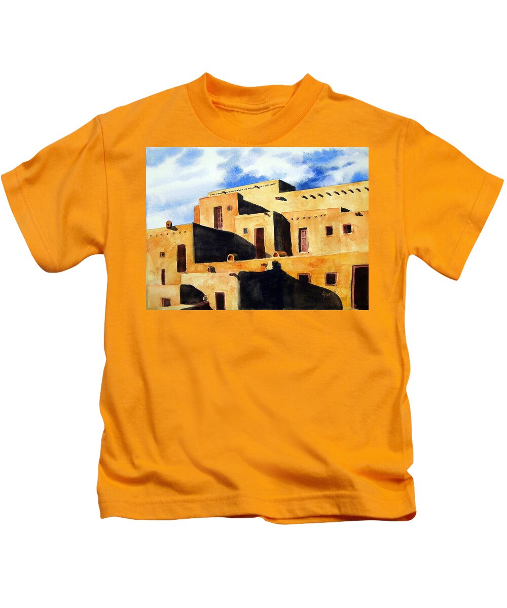 Pubelo Kids T-Shirt featuring the painting Taos Pueblo by Sam Sidders