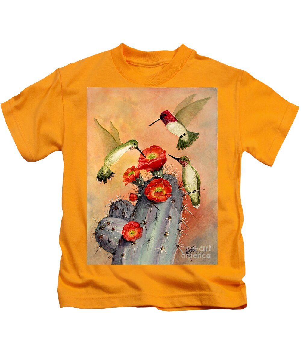 Hummingbirds Kids T-Shirt featuring the painting Three For Breakfast by Marilyn Smith