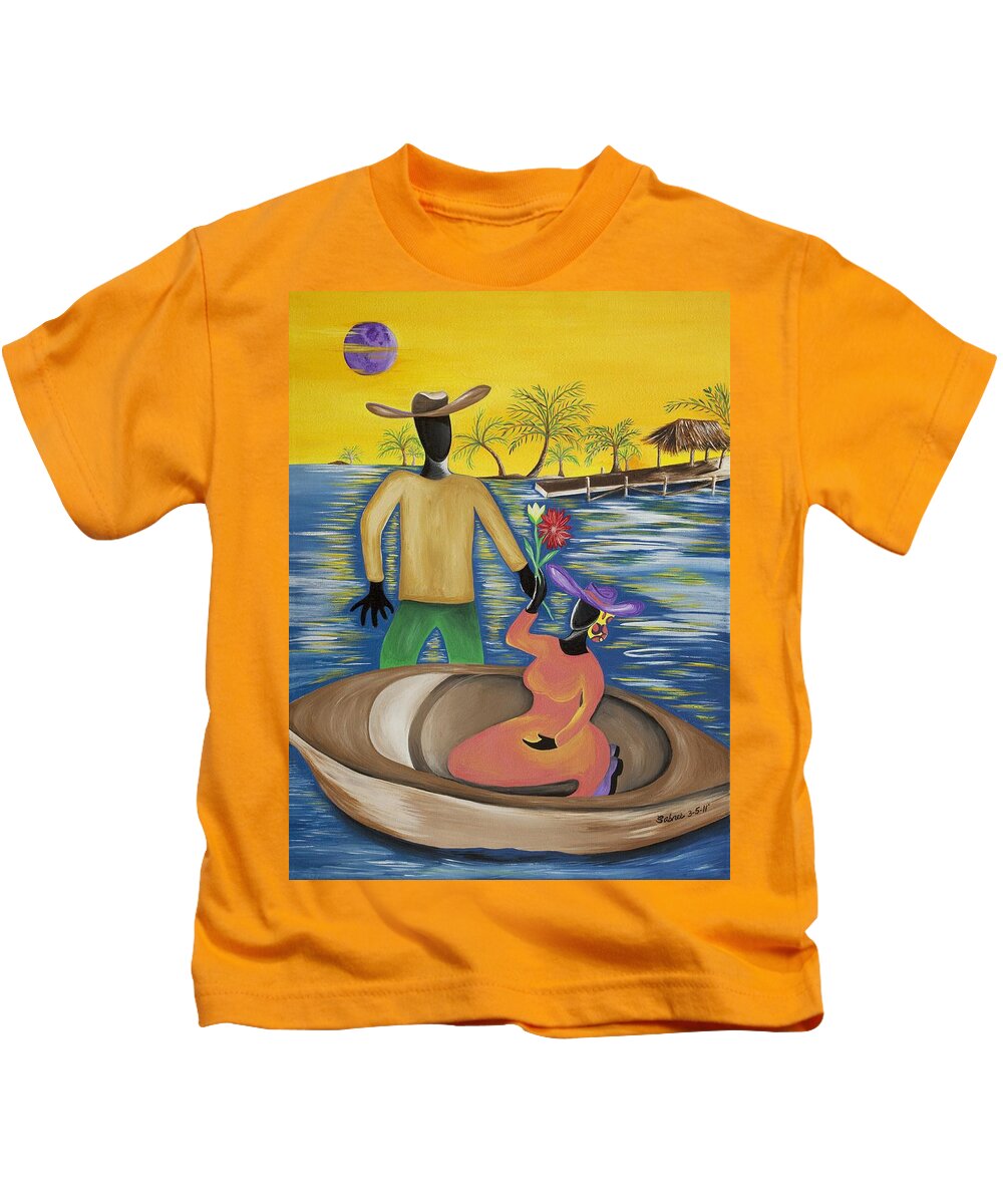 Romance Kids T-Shirt featuring the painting Why the Moon Smiles by Patricia Sabreee