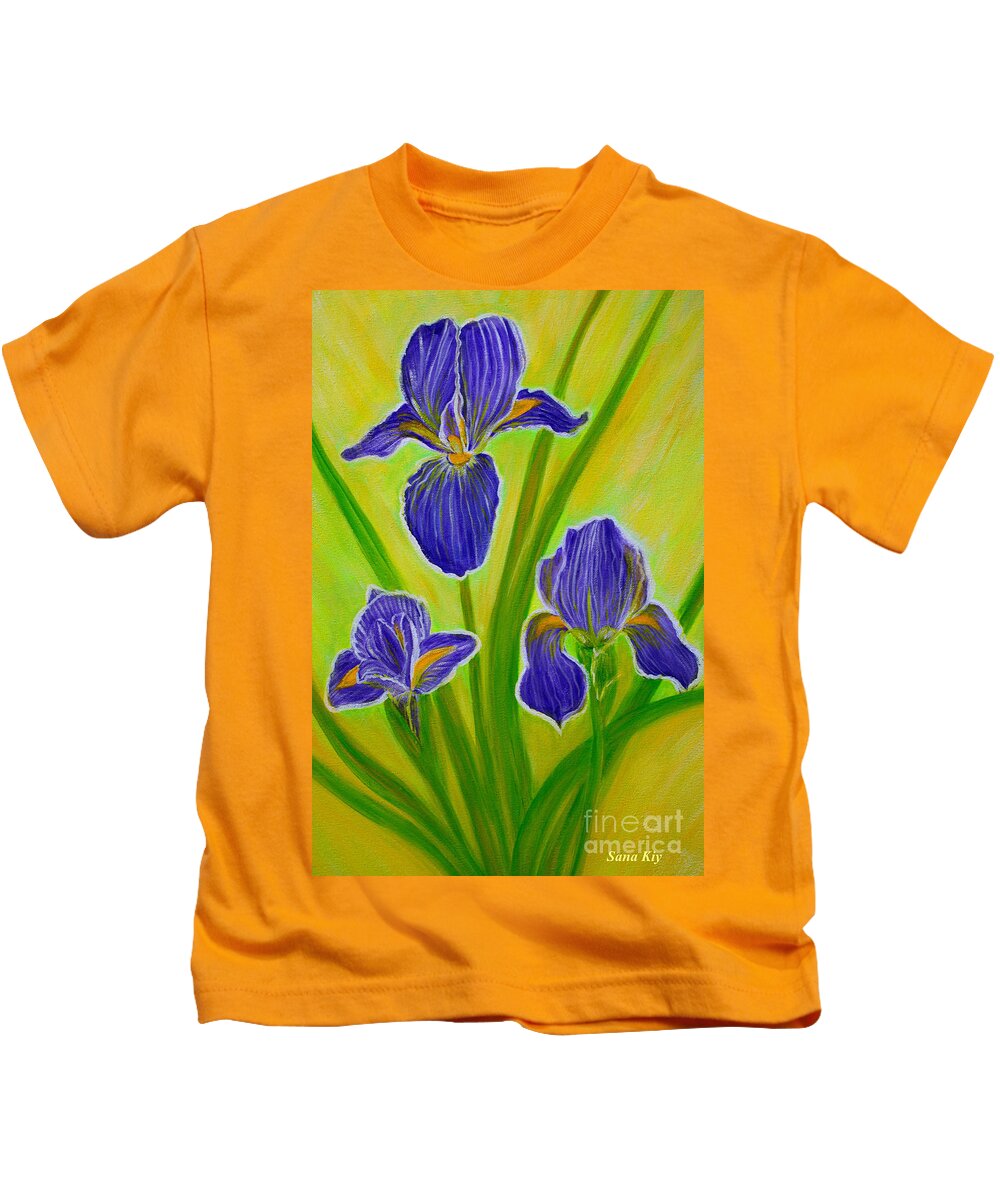 Wonderful Kids T-Shirt featuring the painting Wonderful Iris Flowers 3 by Oksana Semenchenko